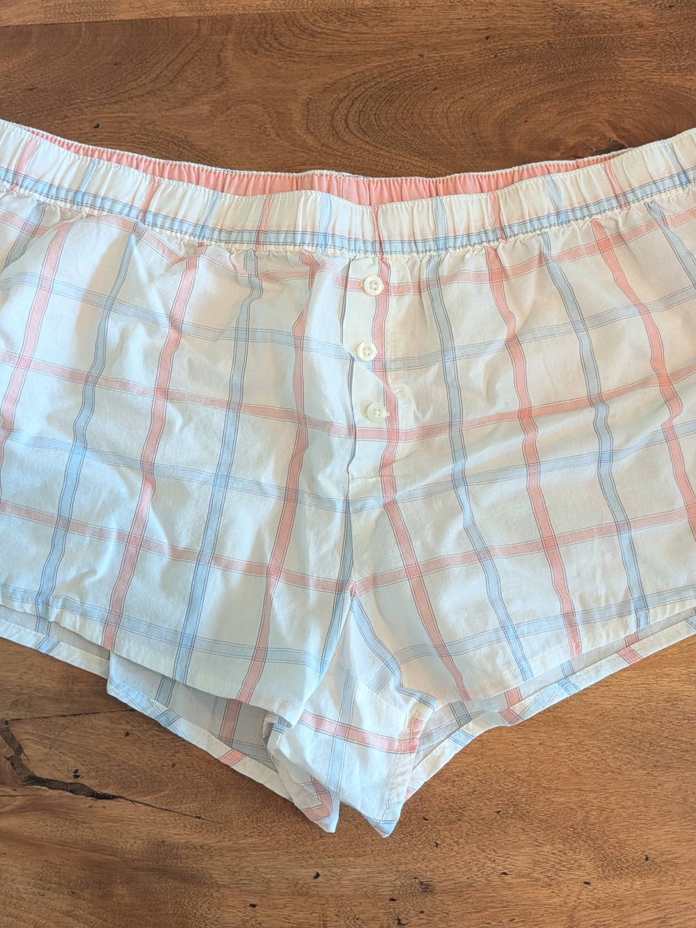 aerie White Plaid Cotton Sleep Shorts with Pink & Light Blue Stripes